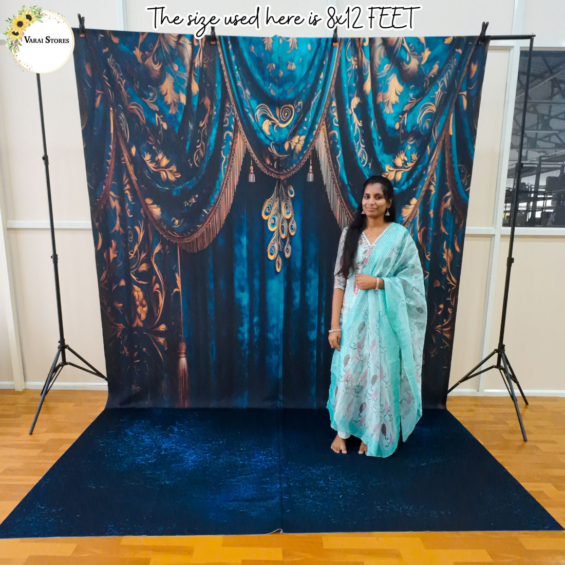 Peacock Blue Curtain With Blue Floor - Printed Lifestyle  Backdrop - PREMIUM  FABRIC