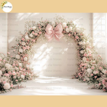 White Rose Pink Bow - Baby Printed Backdrops - PREMIUM FABRIC