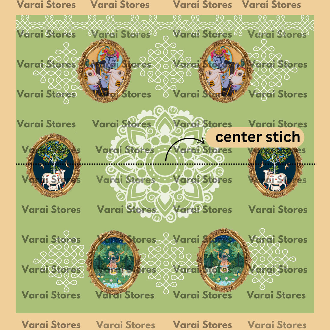 Green Kolam Krishna Frame - Fabric With Pole Pocket