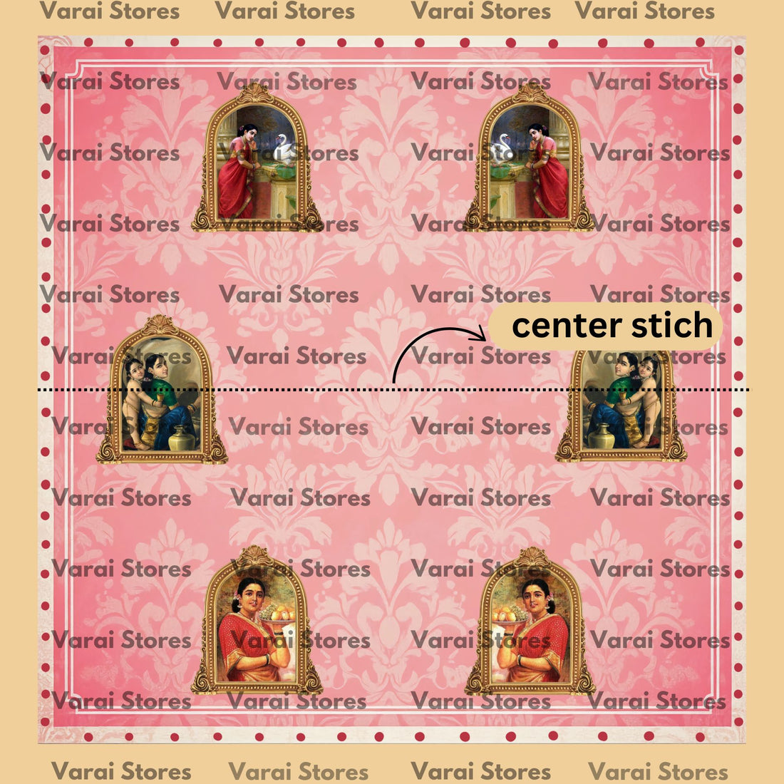 Pink Pattern With Ravi Verma Frames - Fabric With Pole Pocket