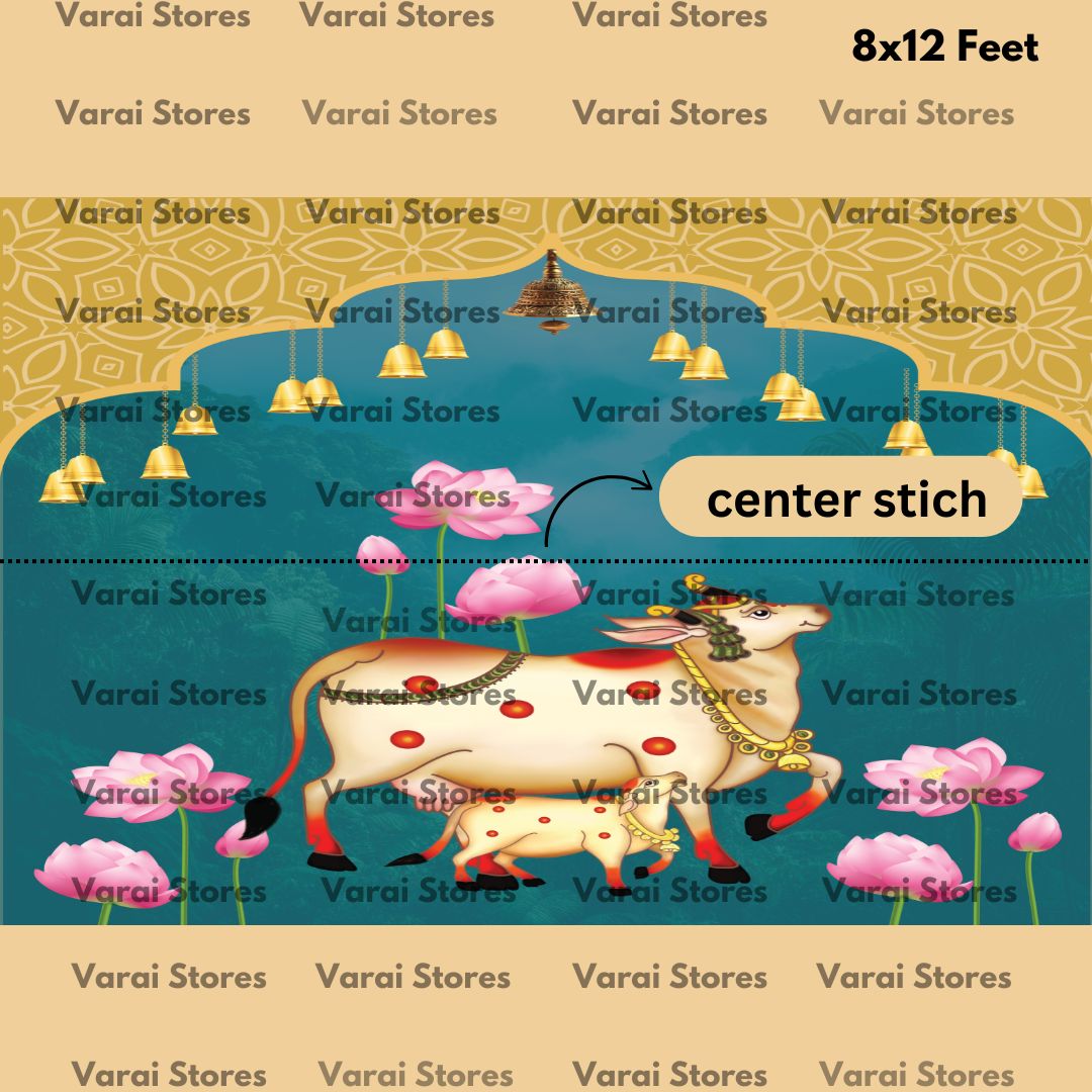 Teal Blue Pichwai Cow - Fabric With Pole Pocket