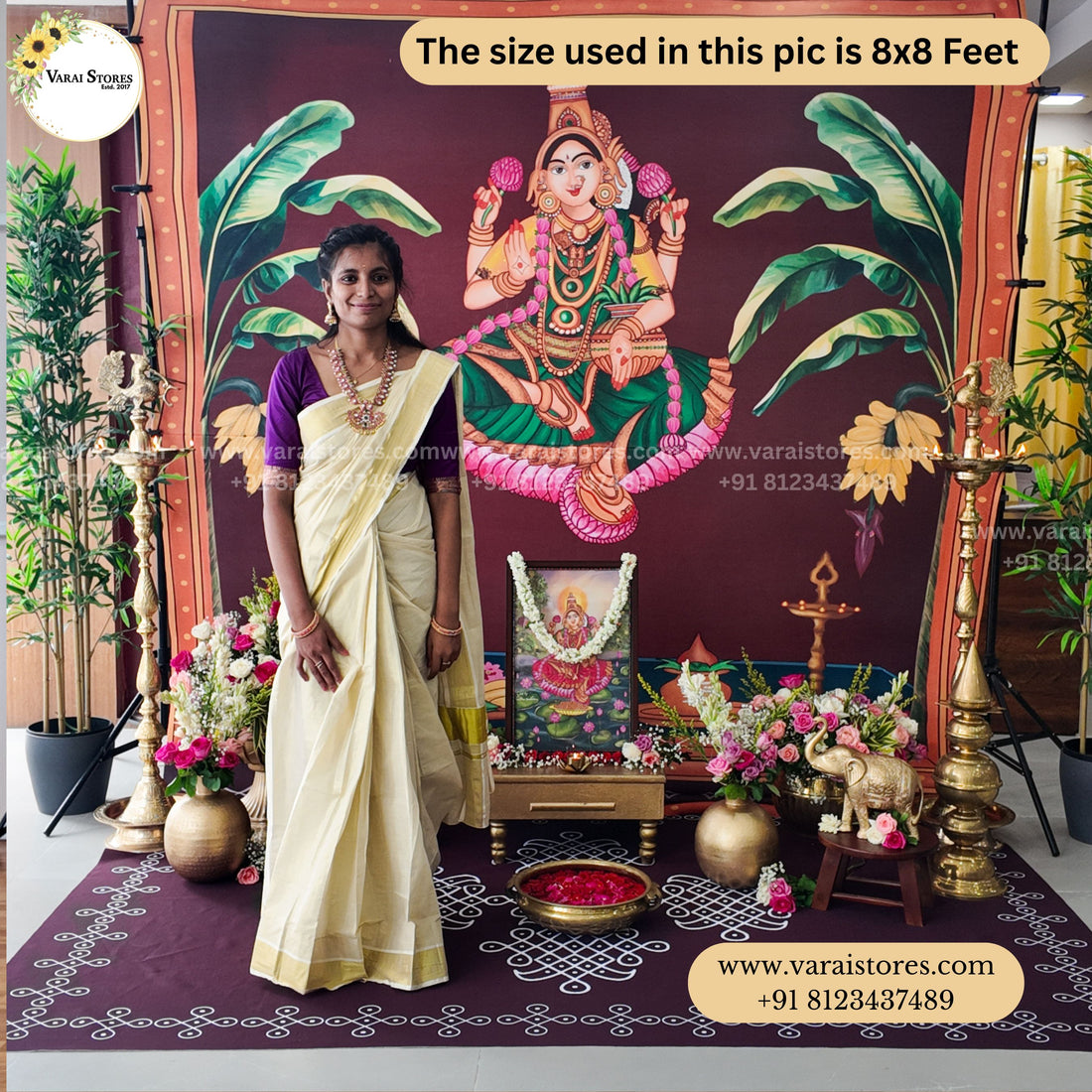 Banana Tree Temple With Mahalakshmi - Fabric With Pole Pocket