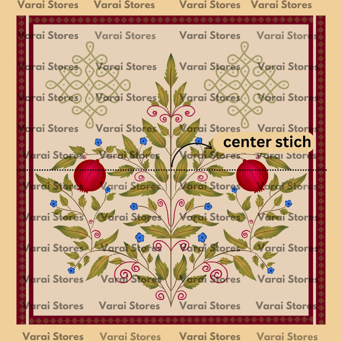 Pomegranate Pattern Kolam - Fabric With Pole Pocket