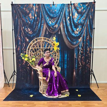 Peacock Blue Curtain With Blue Floor - Printed Lifestyle  Backdrop - PREMIUM  FABRIC