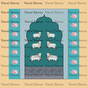 Pichwai Cows With Pattern: Blue - Fabric With Pole Pocket