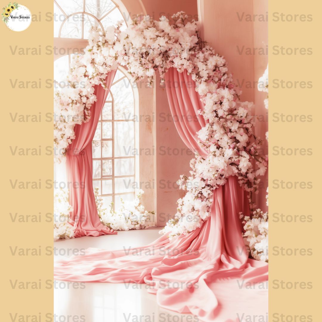 Pink Floral Curtain Window - Printed Lifestyle Backdrop - PREMIUM  FABRIC