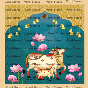 Teal Blue Pichwai Cow - Fabric With Pole Pocket