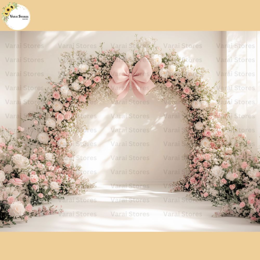 White Rose Pink Bow - Baby Printed Backdrops - PREMIUM FABRIC