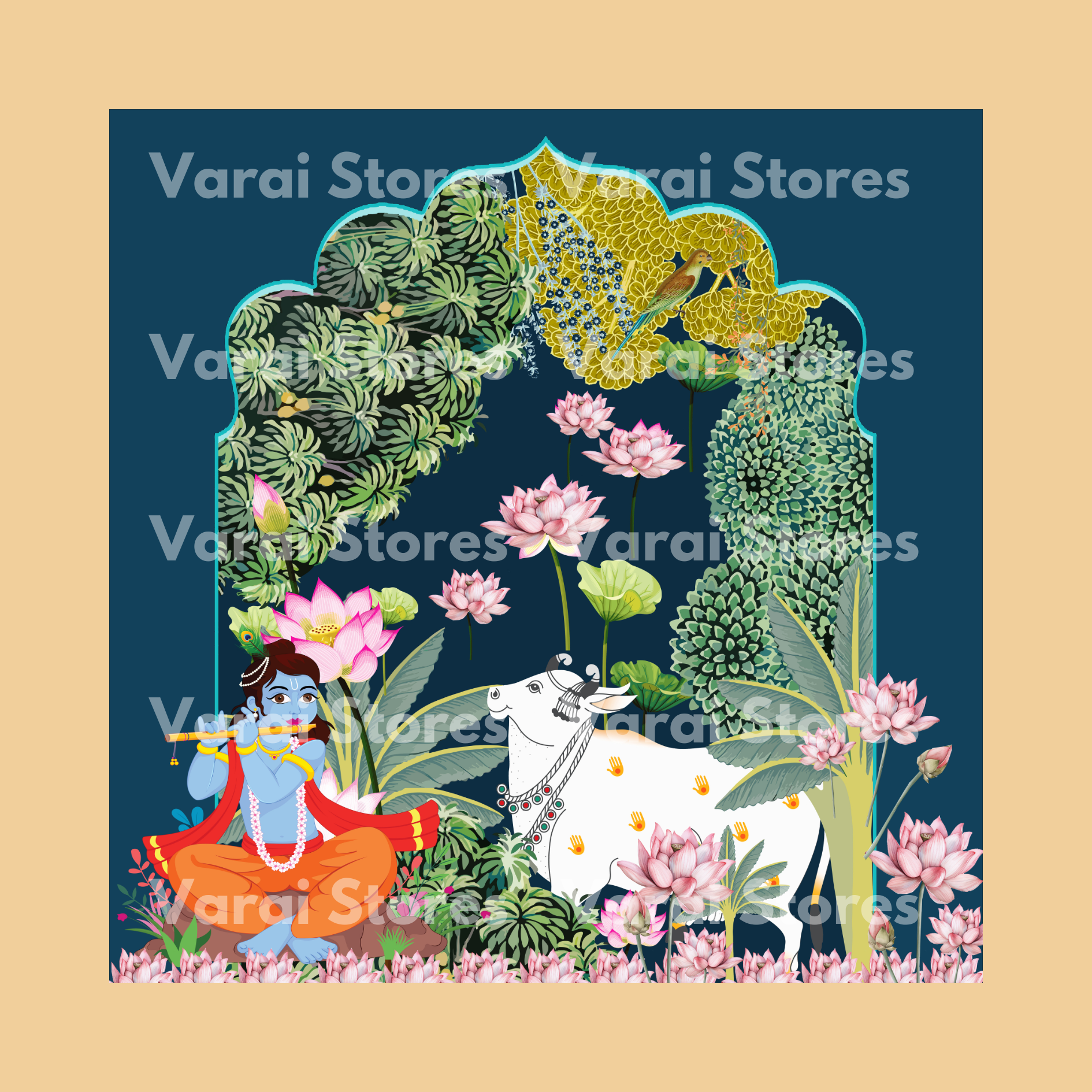 Krishna Lotus Peacock  - Fabric With Pole Pocket