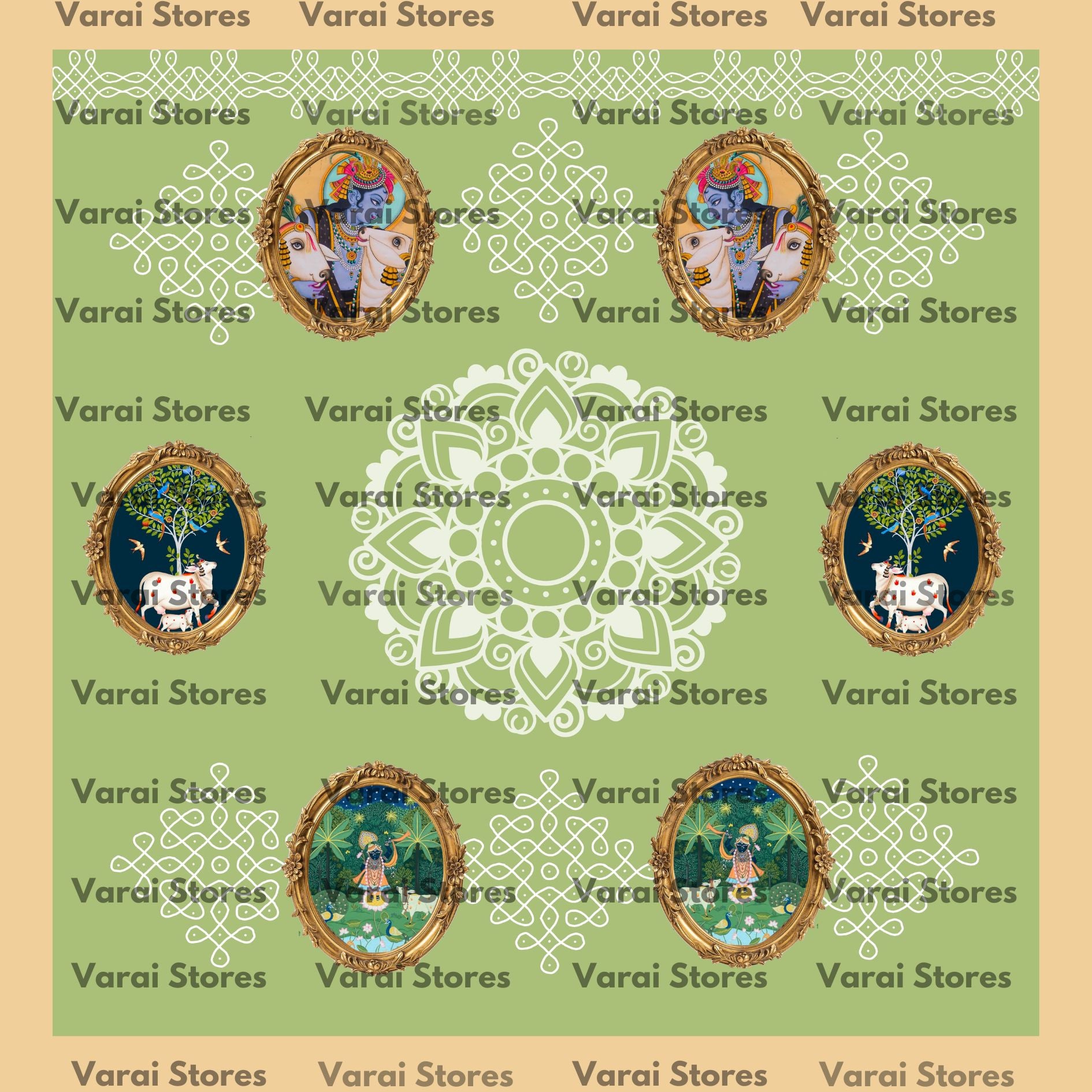 Green Kolam Krishna Frame - Fabric With Pole Pocket