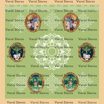 Green Kolam Krishna Frame - Fabric With Pole Pocket