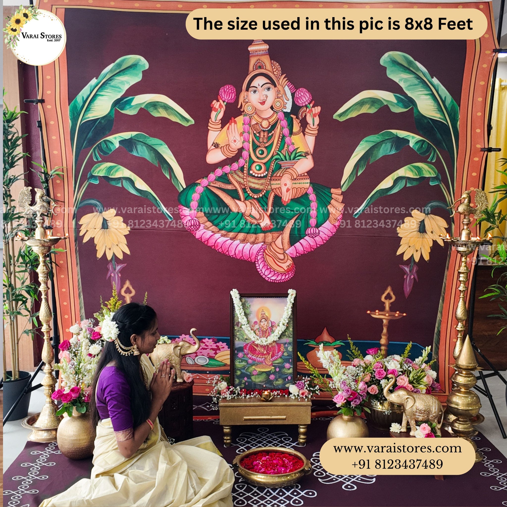 Banana Tree Temple With Mahalakshmi - Fabric With Pole Pocket