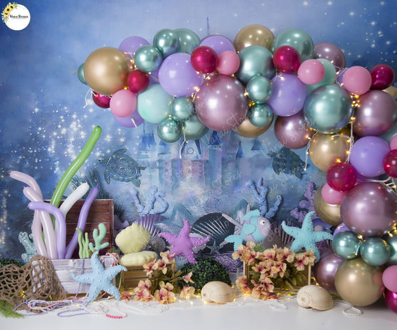 Mermaid Balloons - Printed Baby Backdrop - FABRIC (PRE ORDER)