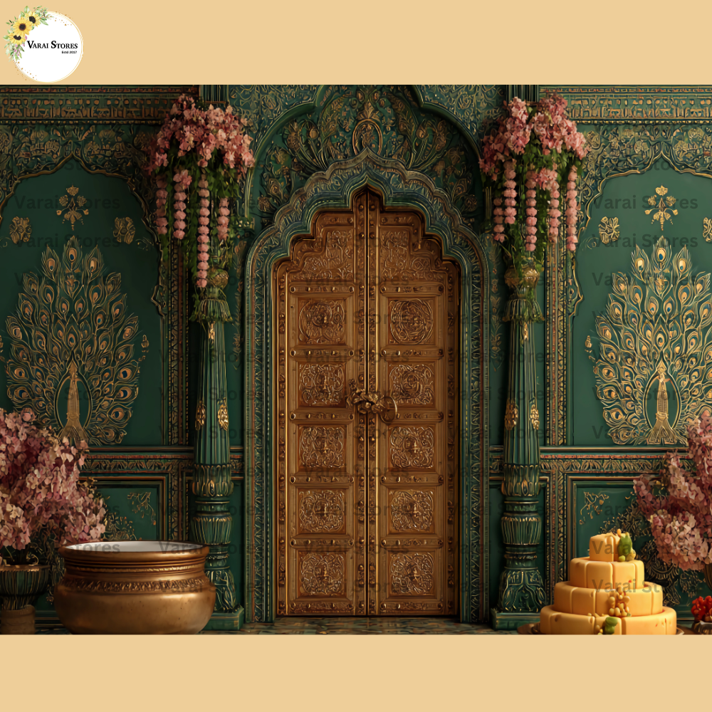 Gold Embellished Green Door -  Fabric (5x8) Feet