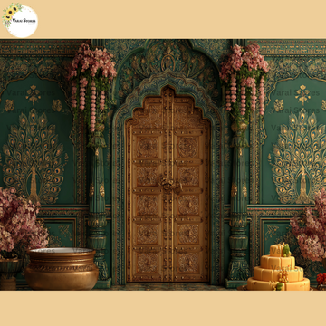 Gold Embellished Green Door -  Fabric (5x8) Feet