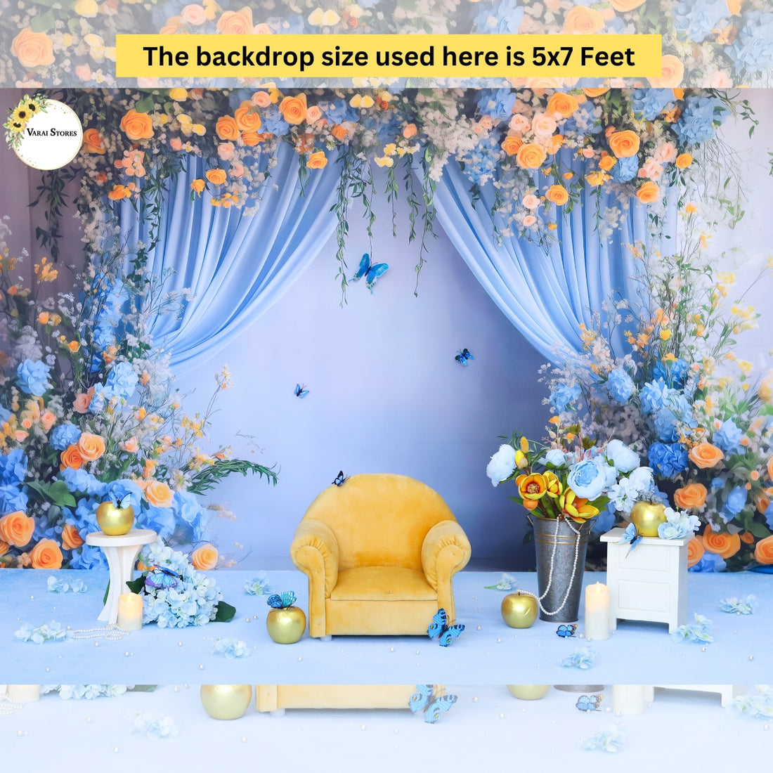 Blue Floral Curtain - Baby Printed Backdrops - PREMIUM FABRIC