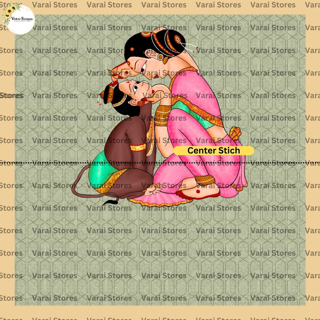 Baby Hanuman With Mom - Fabric With Pole Pocket