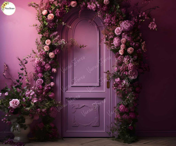 Purple Door And Roses - Printed Baby Backdrop - FABRIC (PRE ORDER)