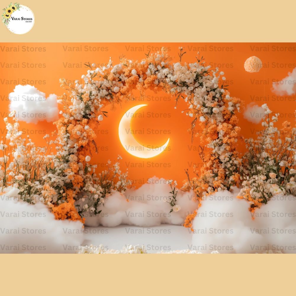 Orange Floral Moon - Baby Printed Backdrops - PREMIUM FABRIC