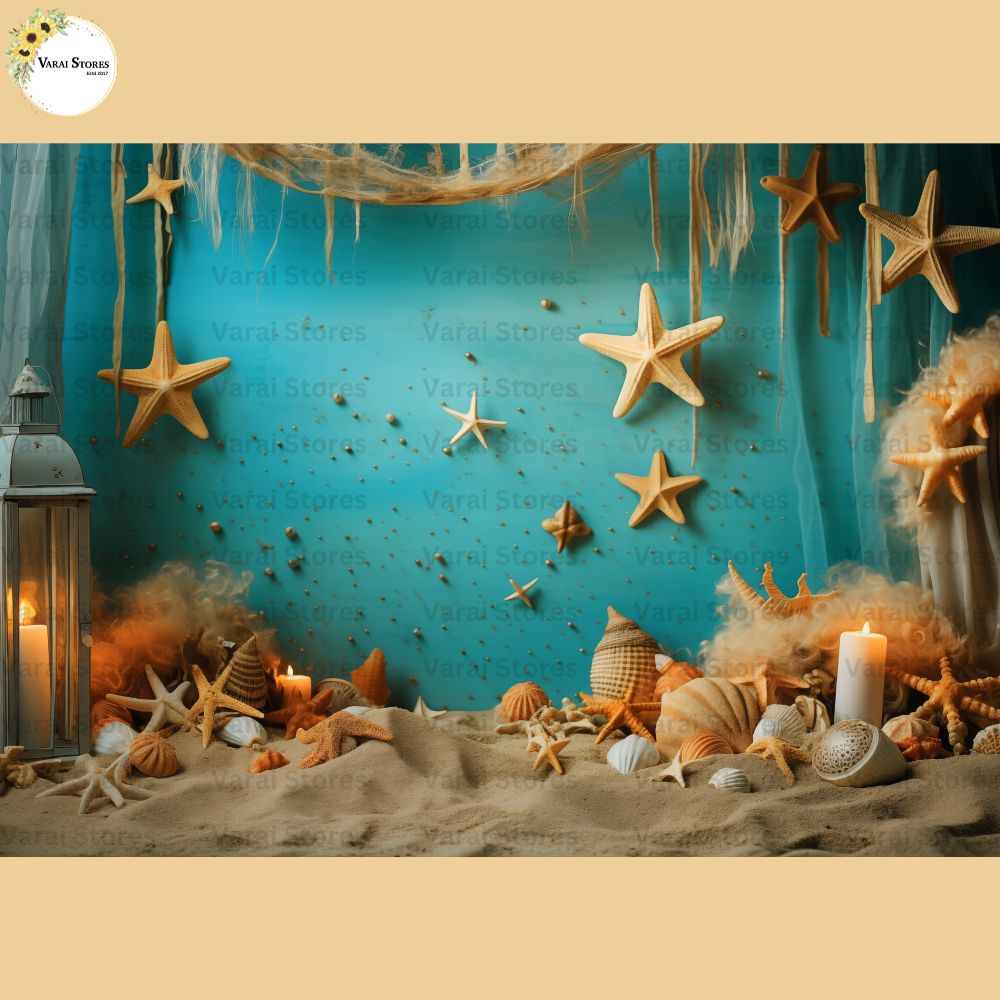 10x8ft photo backdrop, starfish coastal soft polyester... Starfish Beach - Baby Printed Backdrops - PREMIUM FABRIC